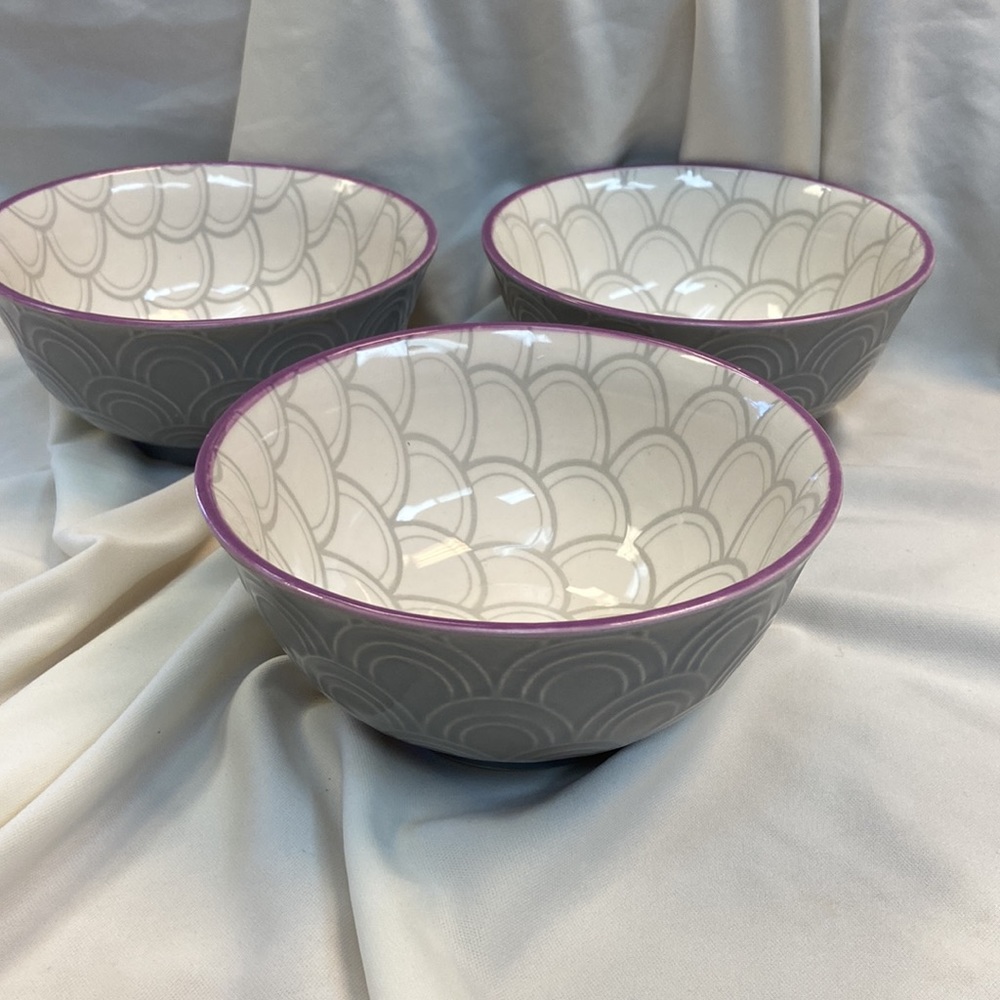 Set of 3 Roscher Gray Scalloped Print Stoneware Dessert 6” Inch Bowls